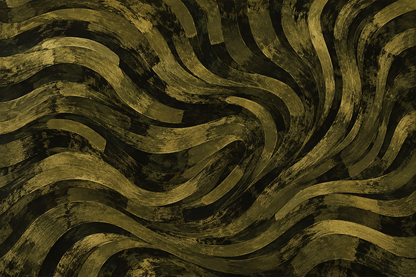 Twisting gold and black rippled stripes in abstract art wallpaper