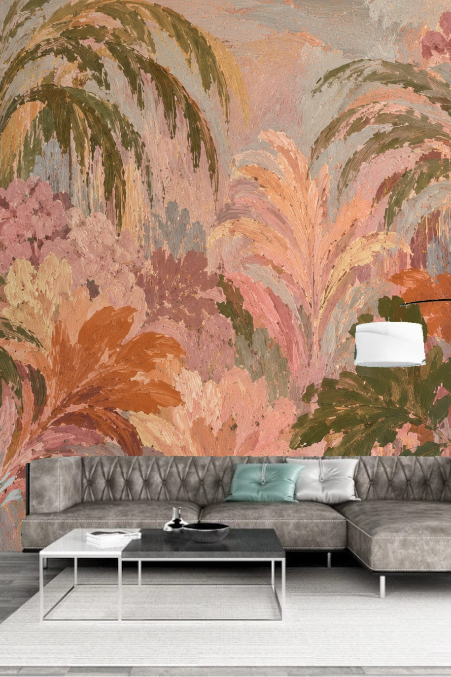 Interior showing textured palm wallpaper accent wall with natural light