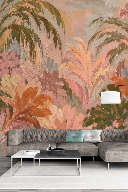 Interior showing textured palm wallpaper accent wall with natural light