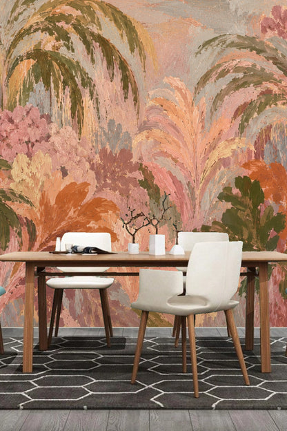 Muted palette tropical wallpaper as a backdrop to minimalist furniture