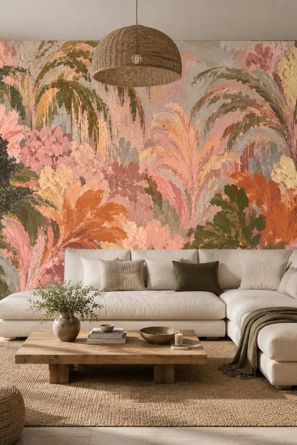 Warm-toned painted wallpaper with layered tropical leaf pattern
