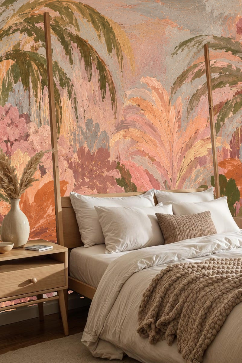 Entryway bench with checkered floor and pink, peach, green textured palm wallpaper