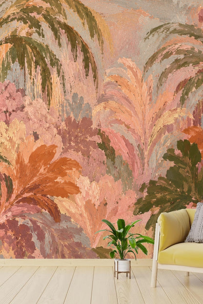 Art prints hanging on a wallpapered wall with soft botanical motifs