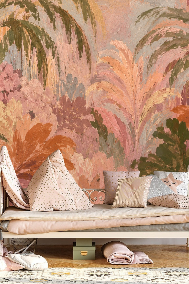 Peach and green foliage wallpaper installed in a modern home office setting