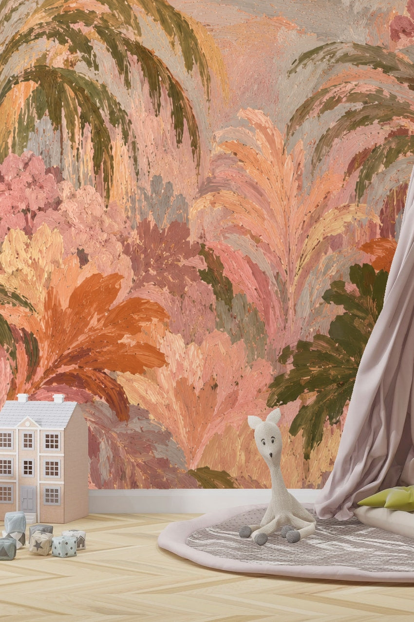 Close-up view showing thick brushstrokes in a painted tropical leaf wallpaper