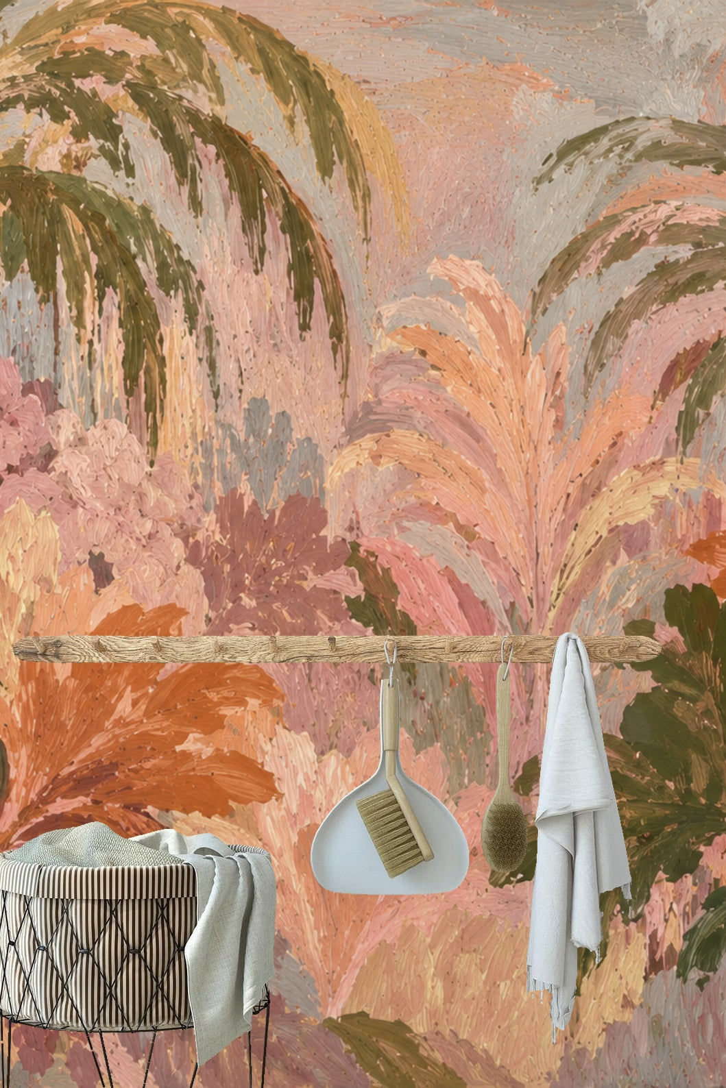 Impressionistic painted tropical leaves wallpaper creating a lush ambiance