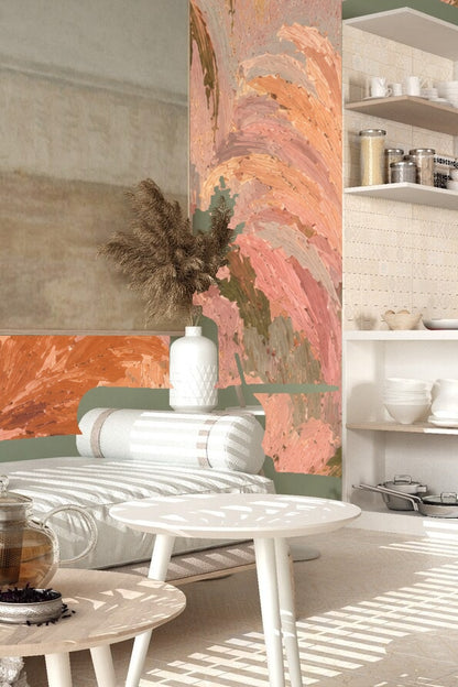 Detail of layered palm and fern foliage in soft pink and muted olive palette
