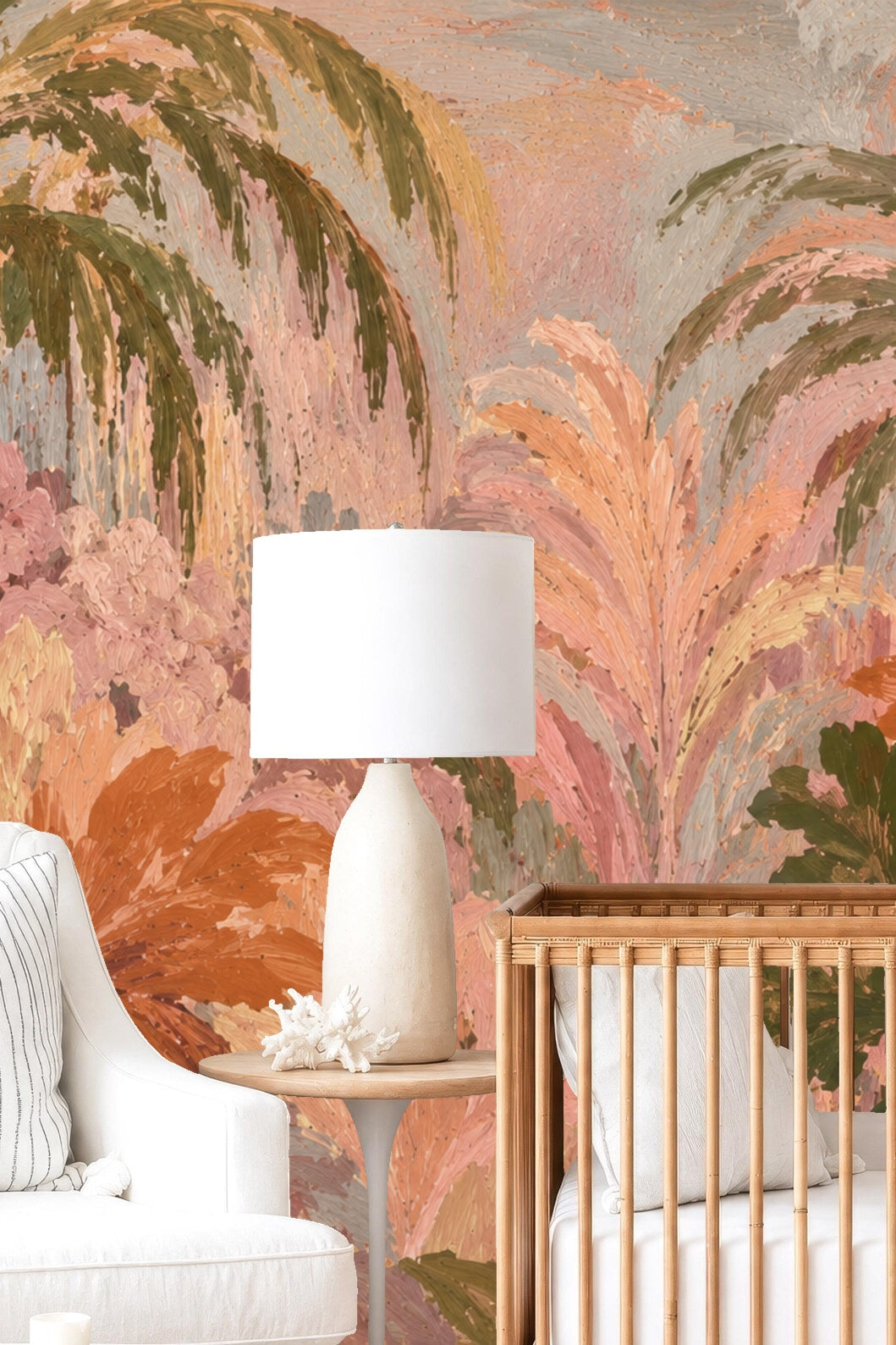Decorative vase on table against pink and green leaf wallpaper background