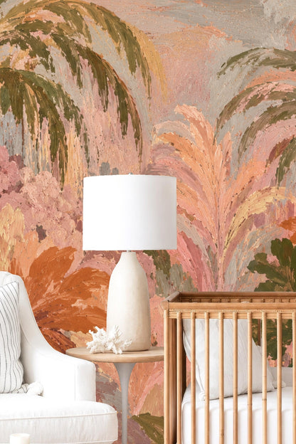 Decorative vase on table against pink and green leaf wallpaper background