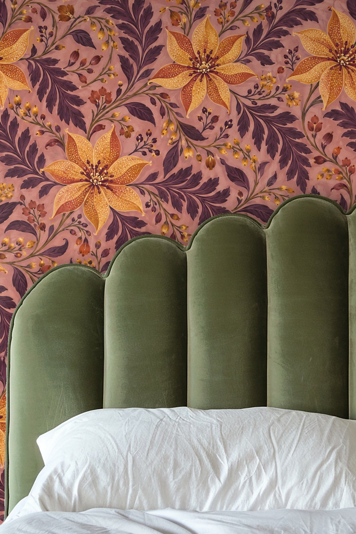 Textured mauve background with painterly strokes beneath botanical elements