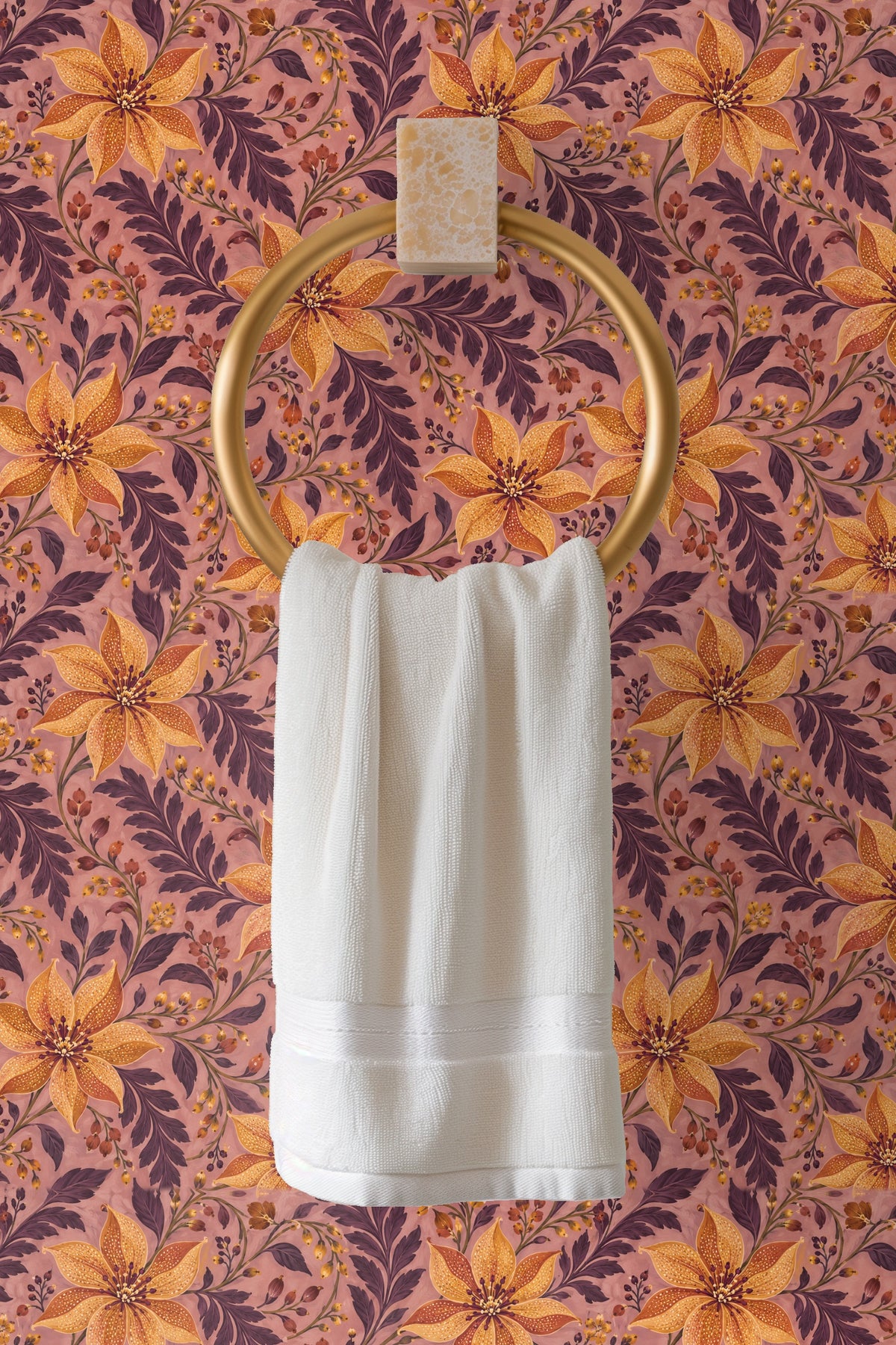 Swirling plum foliage and floral buds in amber and russet on mauve ground