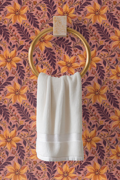 Swirling plum foliage and floral buds in amber and russet on mauve ground