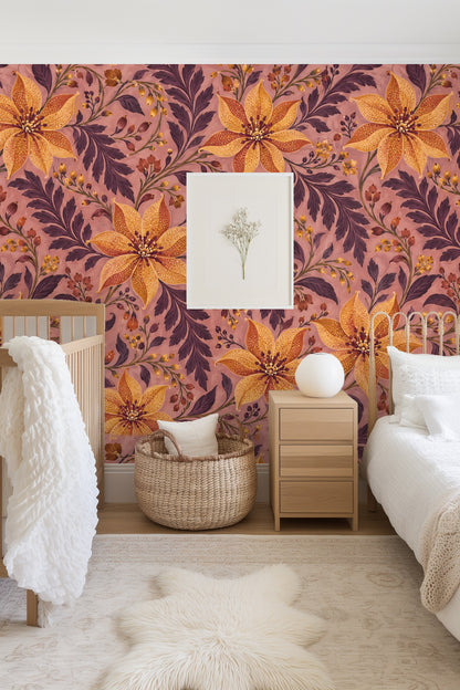 Bedroom adorned with Golden Lily Scroll wallpaper showcasing large ochre lilies and deep plum foliage