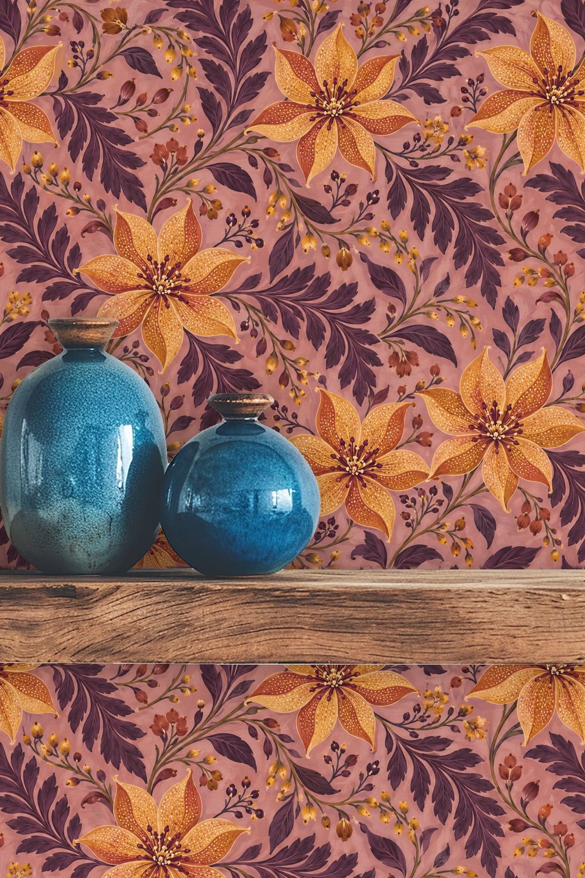 Pattern repeat showcasing the scale of large flowers and curling leaf tendrils