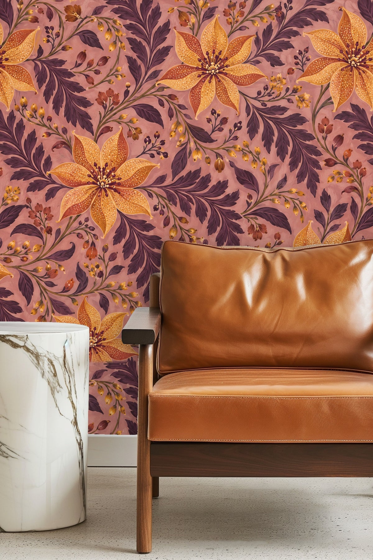 Wallpaper artwork detail showing ochre lilies with plum leaves on a mauve background