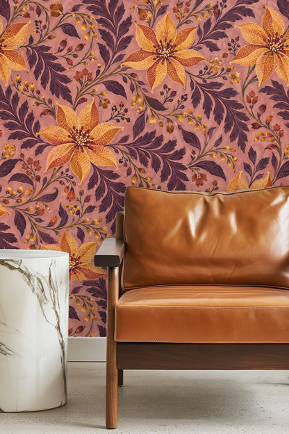 Wallpaper artwork detail showing ochre lilies with plum leaves on a mauve background