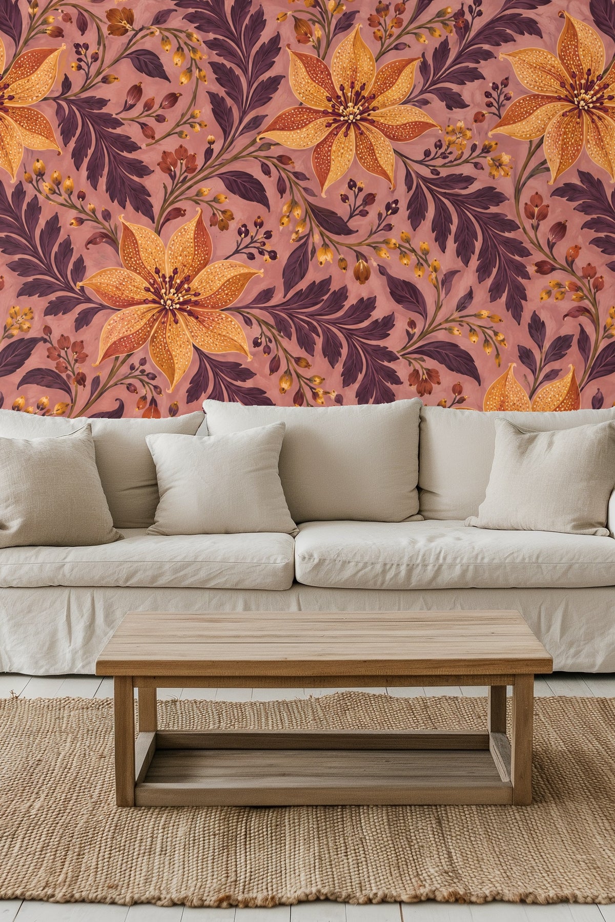 Bedroom scene with natural fibers and neutral tones complementing the wallpaper's warm palette