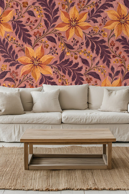 Bedroom scene with natural fibers and neutral tones complementing the wallpaper's warm palette