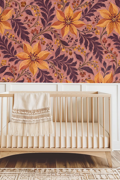 Interior shot highlighting wallpaper's rich botanical motif in warm lighting