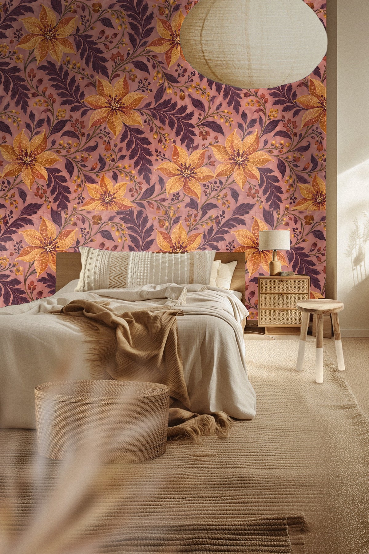 Living room wall featuring Golden Lily Scroll wallpaper behind a caramel leather chair and marble side table