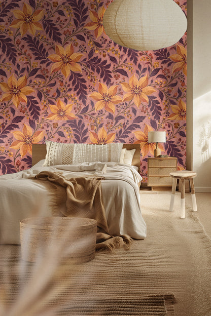 Living room wall featuring Golden Lily Scroll wallpaper behind a caramel leather chair and marble side table