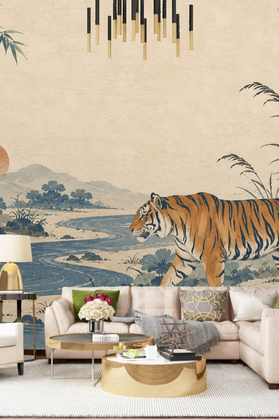 Tiger’s face profile with calm expression amid natural setting