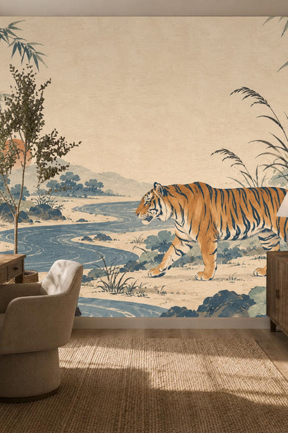 Tiger silhouette and surrounding bamboo on parchment-textured background