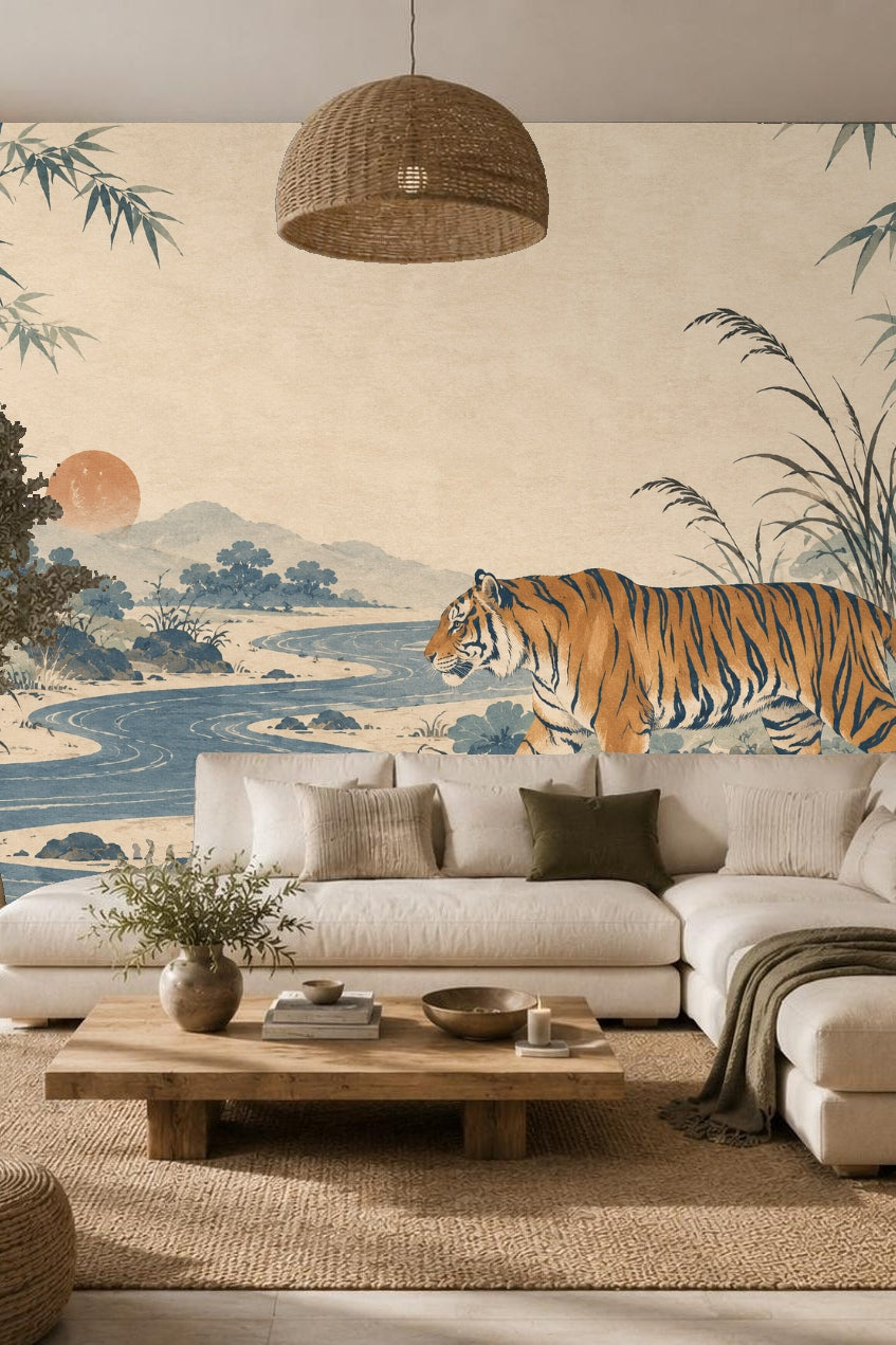 Close-up of tiger wallpaper behind a wooden bed frame with neutral bedding