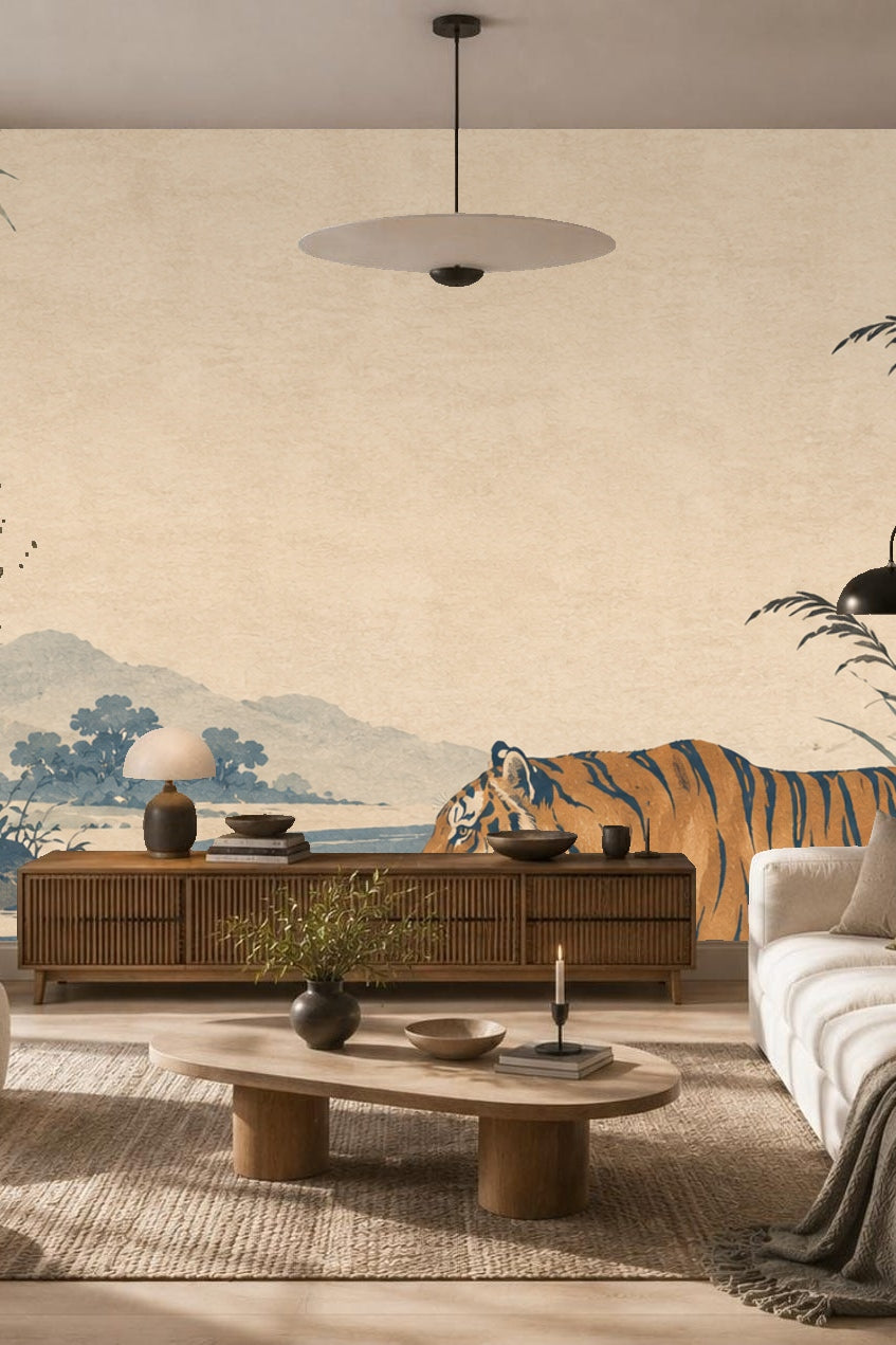 Living room featuring tiger mural wallpaper with beige couch and woven accessories