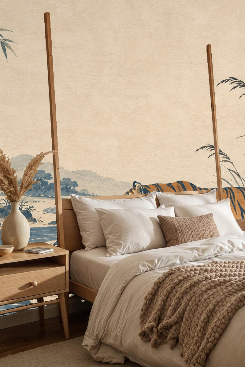 Tiger walking along a riverbank surrounded by bamboo and grasses in muted vintage colors