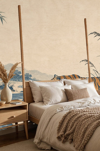 Tiger walking along a riverbank surrounded by bamboo and grasses in muted vintage colors