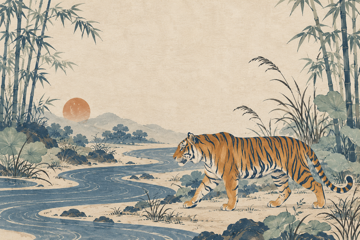Wide view of tiger wallpaper layered between blue-toned plants and warm foreground