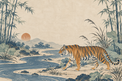 Wide view of tiger wallpaper layered between blue-toned plants and warm foreground