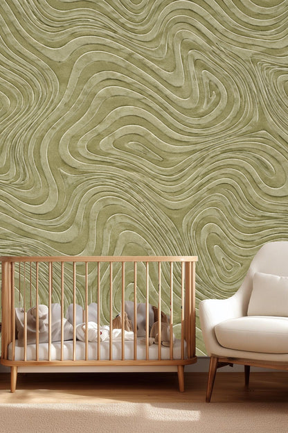 Bedroom with modern bed featuring olive green topographic wallpaper