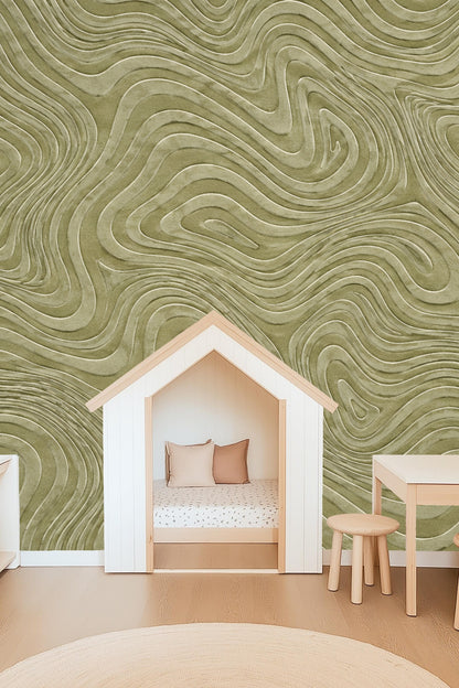 Muted green wallpaper showing layered terrain-inspired abstract lines