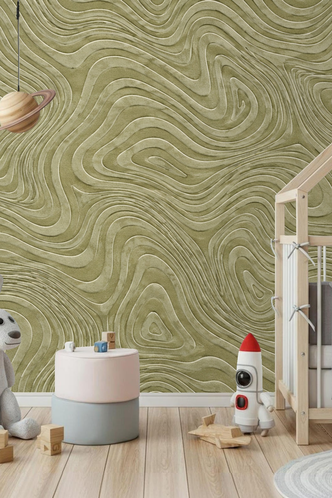 Natural light highlighting textured olive contour wallpaper in a nursery