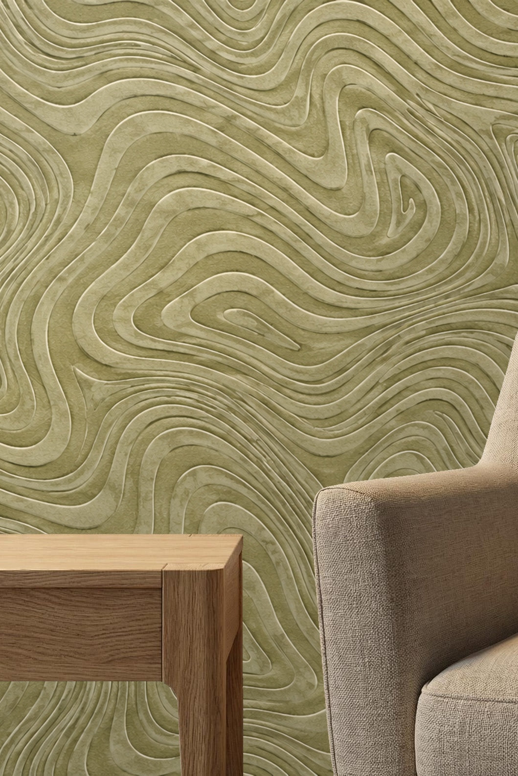 Nursery corner with crib and chair against olive green contour line wallpaper
