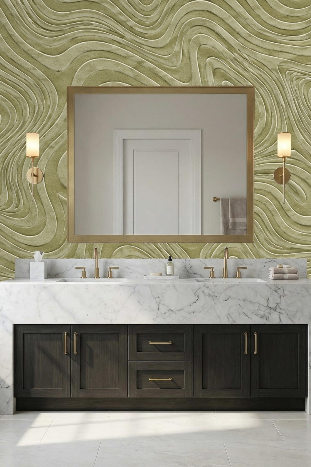 Pattern repeat detail of contour line design on green-toned wallpaper