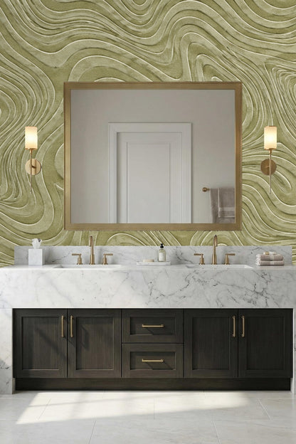 Pattern repeat detail of contour line design on green-toned wallpaper