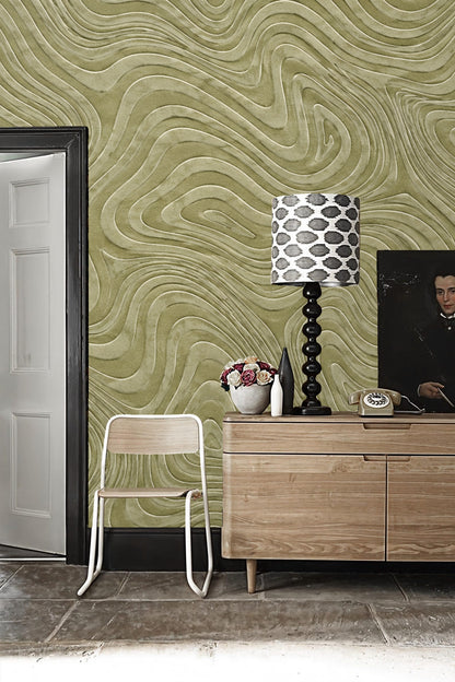 Modern interior with calm olive contour wallpaper and neutral furnishings