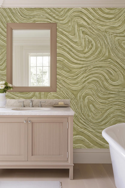 Living room wall accentuated by organic layered green relief wallpaper