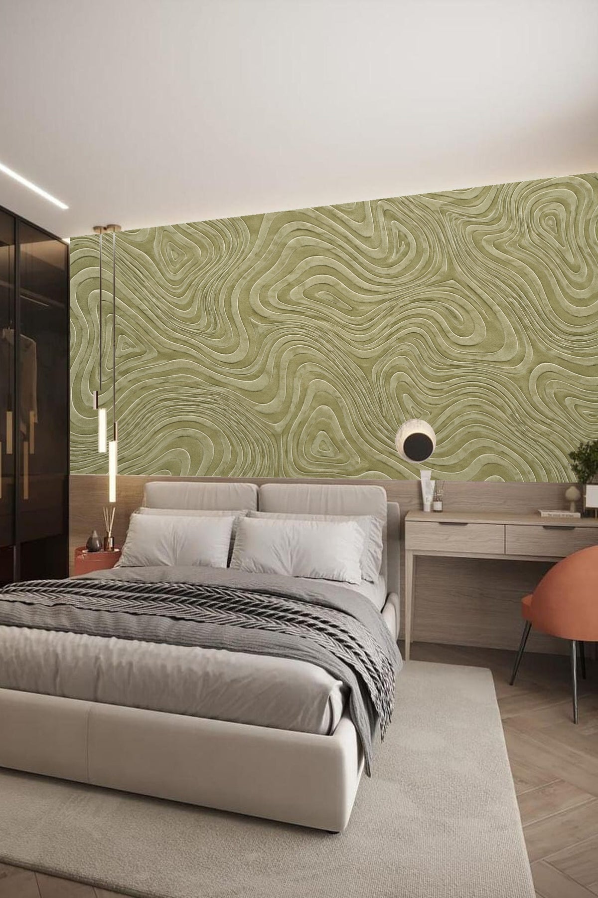 Close-up detail of embossed contour lines on olive green wallpaper surface