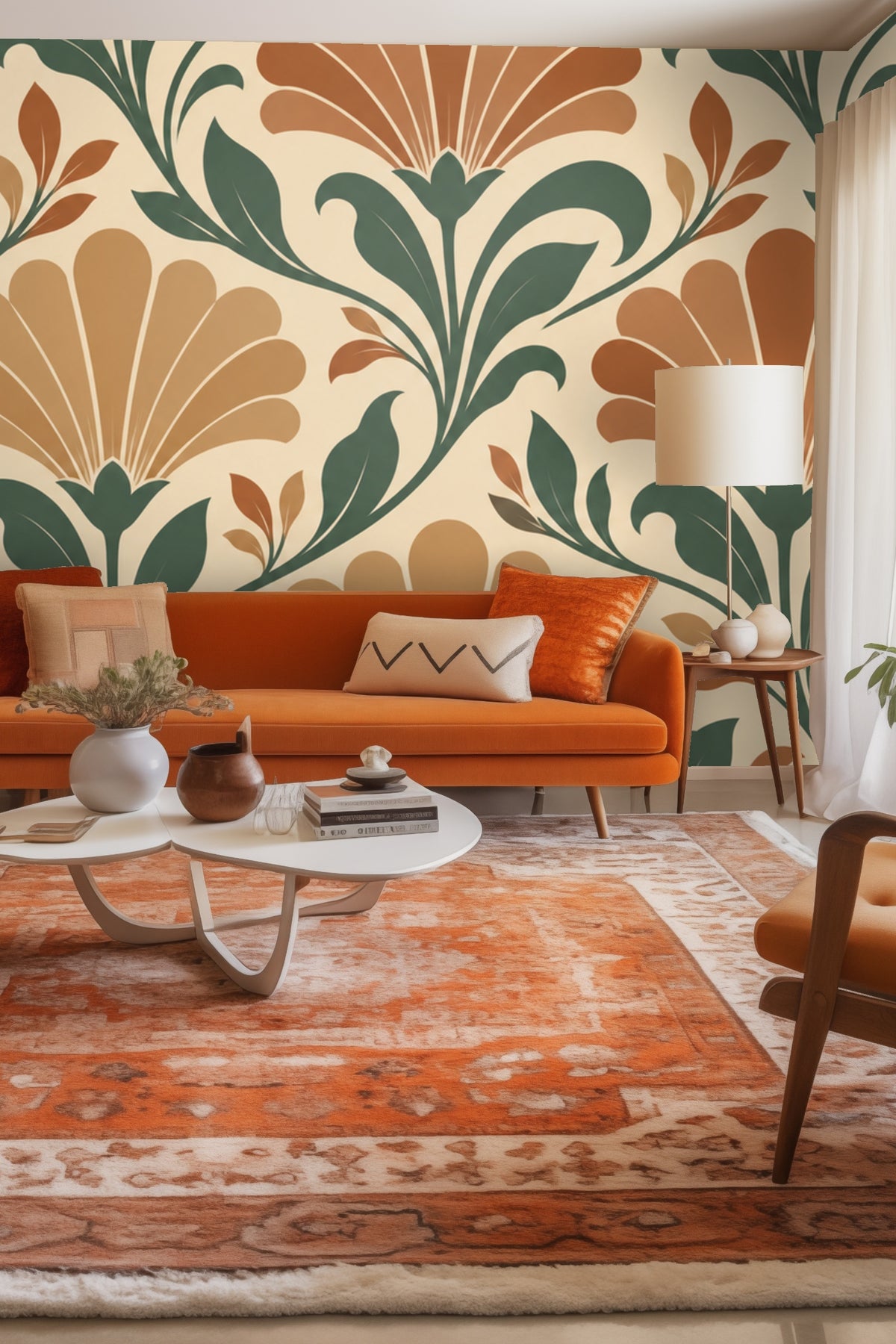 Close-up of Burnt Sienna Bloom wallpaper artwork showing stylized fan-shaped flowers in burnt orange and ochre with green leaves