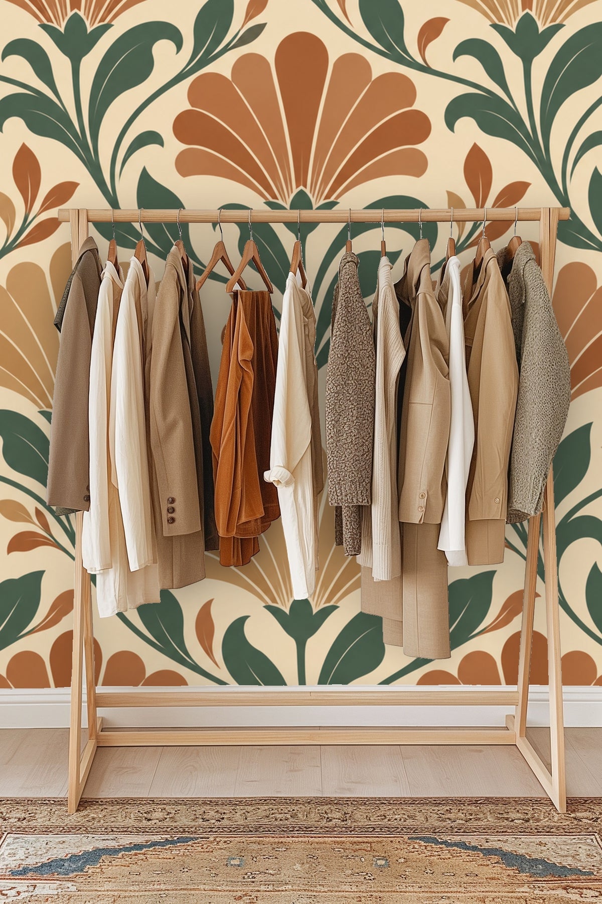 Detail of wallpaper pattern with tightly grouped fan-shaped flowers and curved green stems