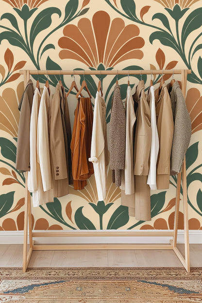 Detail of wallpaper pattern with tightly grouped fan-shaped flowers and curved green stems