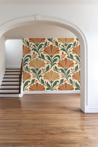 Zoomed-in detail of a single flower and leaf motif from the wallpaper