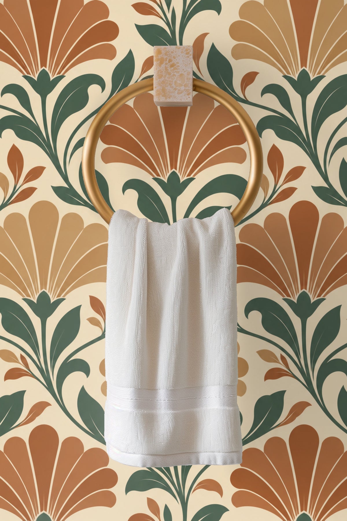 Close view of leaves and buds in the wallpaper design highlighting color transitions
