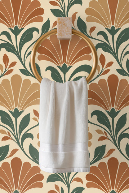 Close view of leaves and buds in the wallpaper design highlighting color transitions