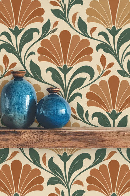 Wide shot of a room with wallpaper and orange-hued accents showcasing scale