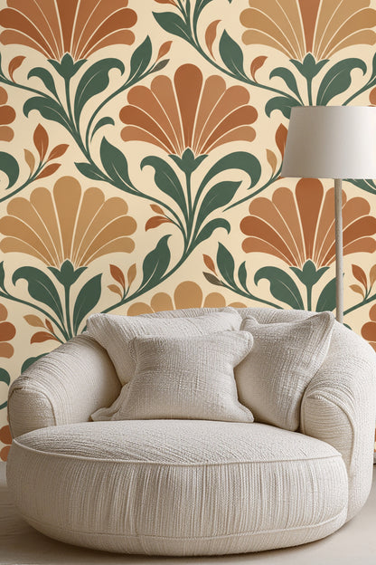 Styling vignette of a midcentury modern chair near a wall covered in botanical wallpaper